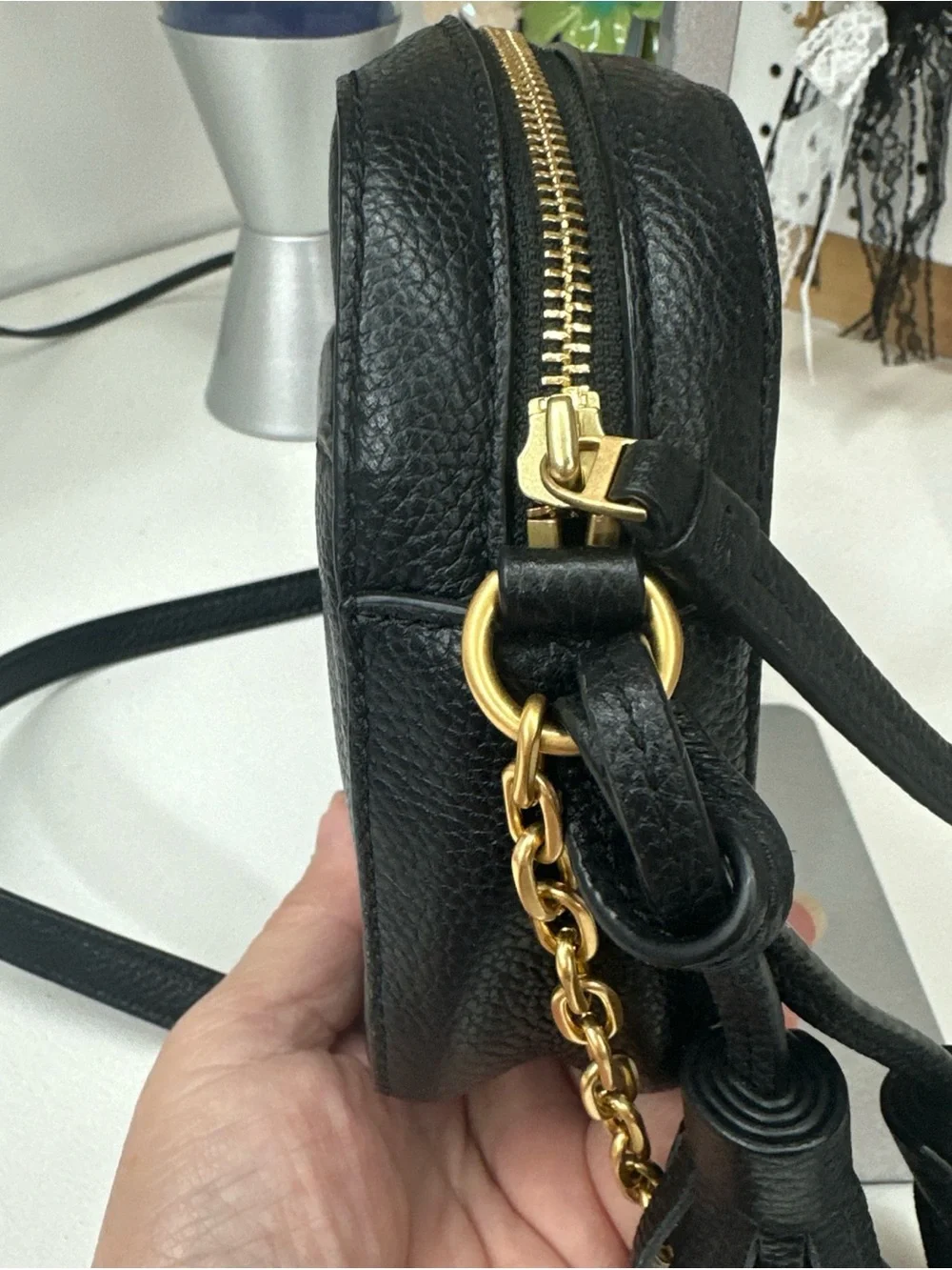 Tory Burch McGraw Crossbody tassle bag black pebbled leather Double T logo.